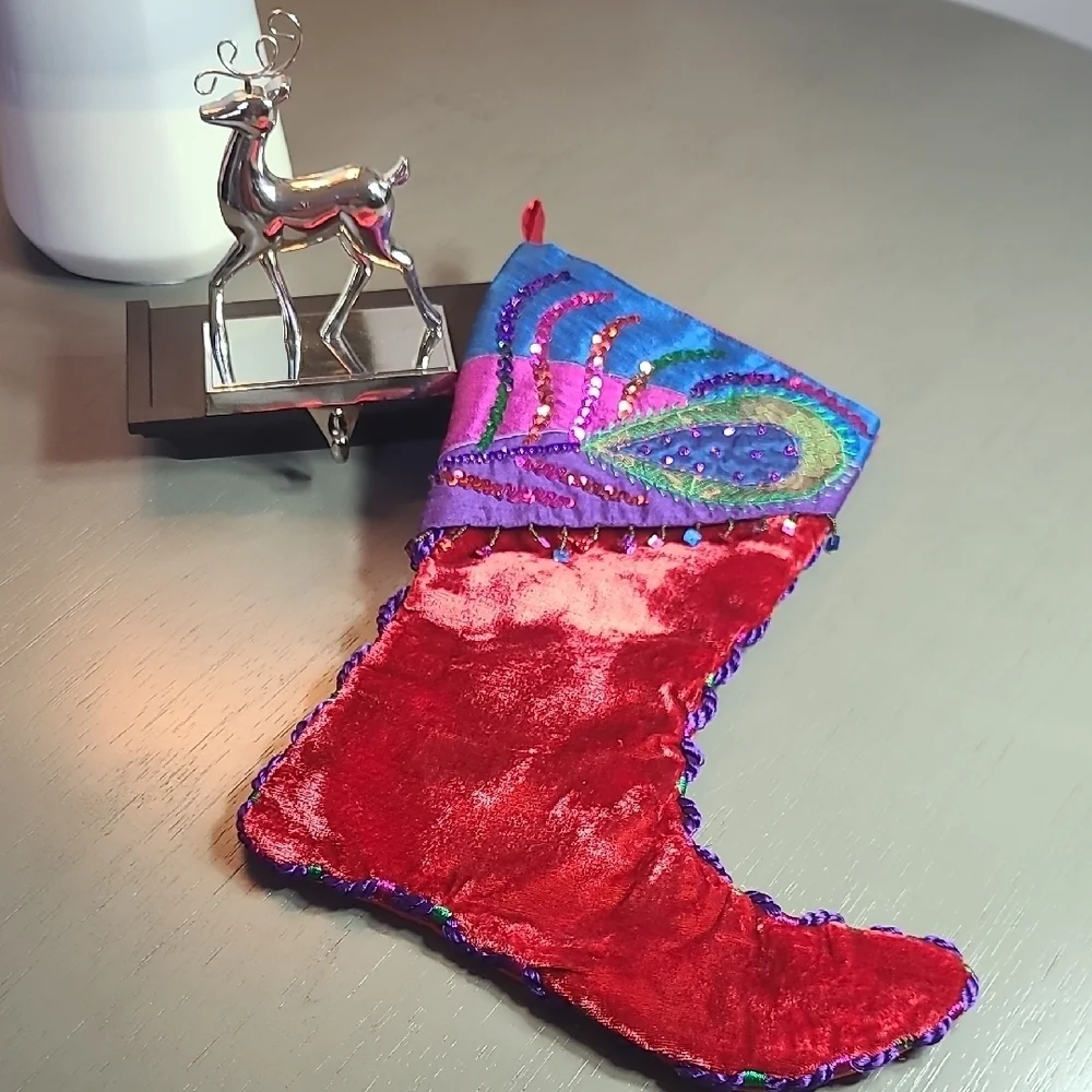 Pier 1 Red Velvet Beaded Stocking With Silver Metal Raindeer Hanger